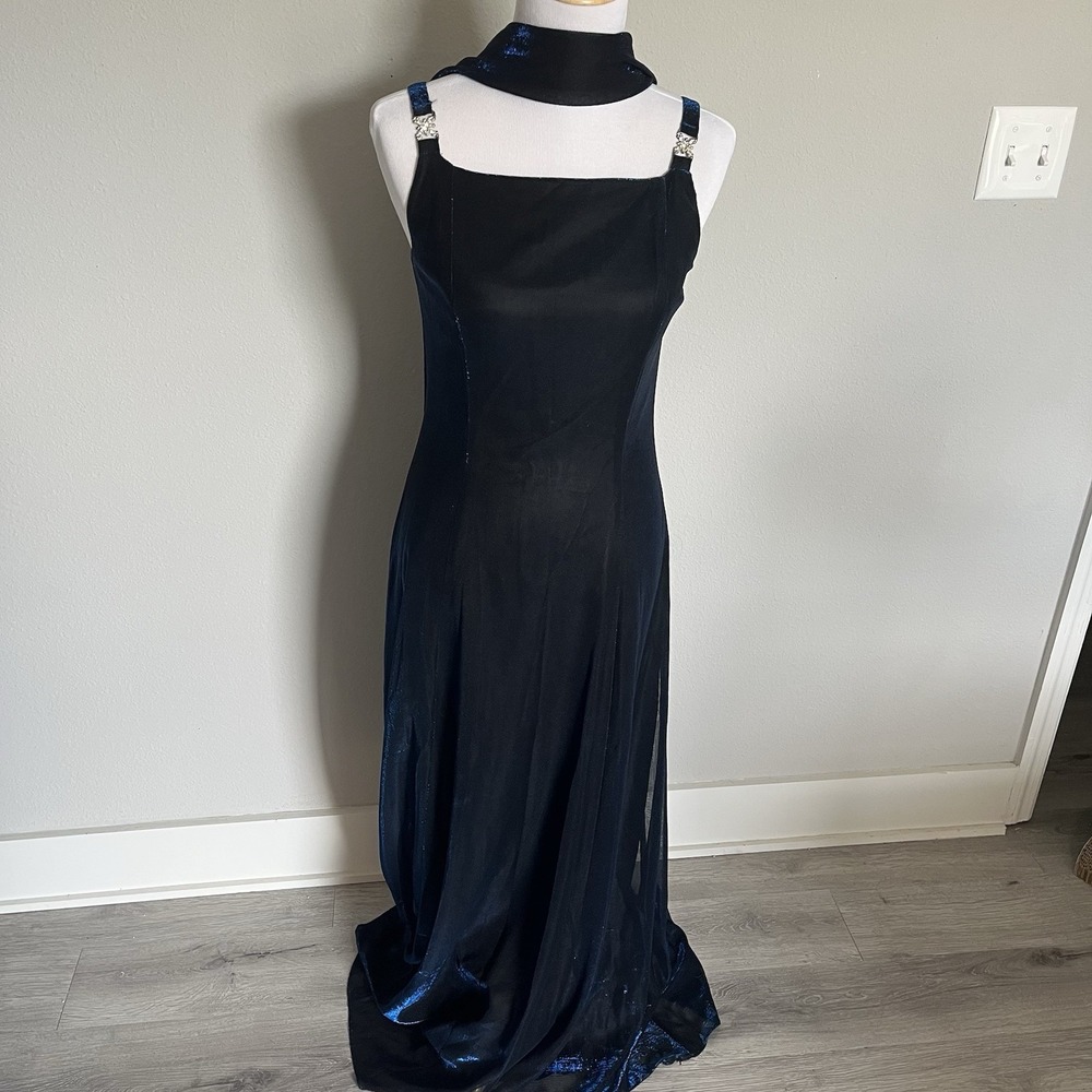 90s Y2K Prom Dress Size 8 Blue Black Metallic Shifting Iridescent Scarf Gems VTG